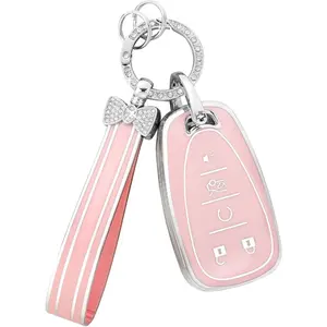 Key Fob Cover for Chevy Pink Soft TPU 5 Button Car Keys Case Shell Bling Keychain Accessories for Chevrolet Equinox Malibu Camaro Traverse Blazer Cruze LT Trailblazer Girly Women