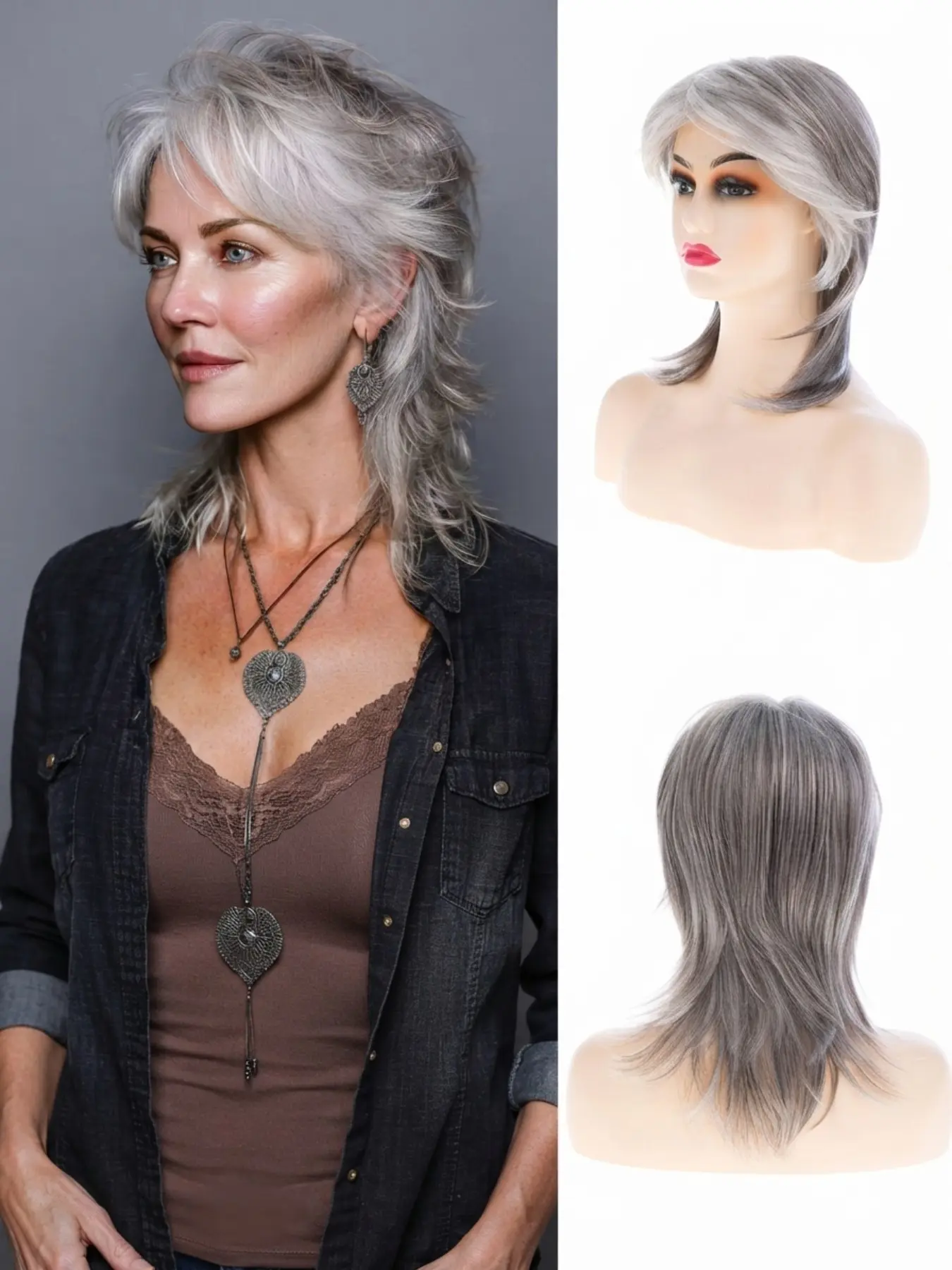 Trendy Silver Grey Shag Cut Wig with Bangs, Fashionable Layered Mullet Hairstyle for Women, Natural Looking Salt and Pepper Synthetic Hair, Soft & Breathable Cap, Perfect for Daily Wear, Cosplay, & Parties, Heat Friendly