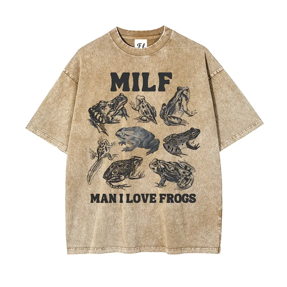 Vintage Acid Wash MILF Man I Love Frogs Graphic T-Shirt | Funny Frog Lover Meme Tee | Retro Mineral Wash Goth Oversized Top, Unisex Casual Streetwear Apparel