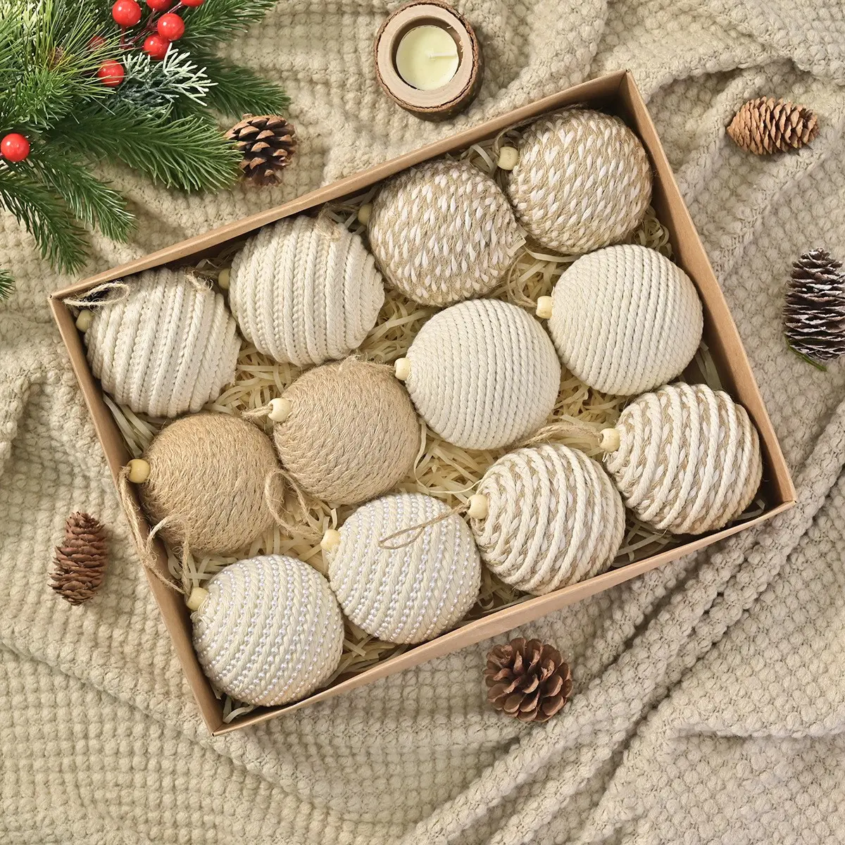 12-Piece Rustic Christmas Ball Decorations, Hemp Rope Wrapped Tree Ornaments, Neutral Bohemian Style, Modern Farmhouse Holiday Hanging Decor, Festive Decoration