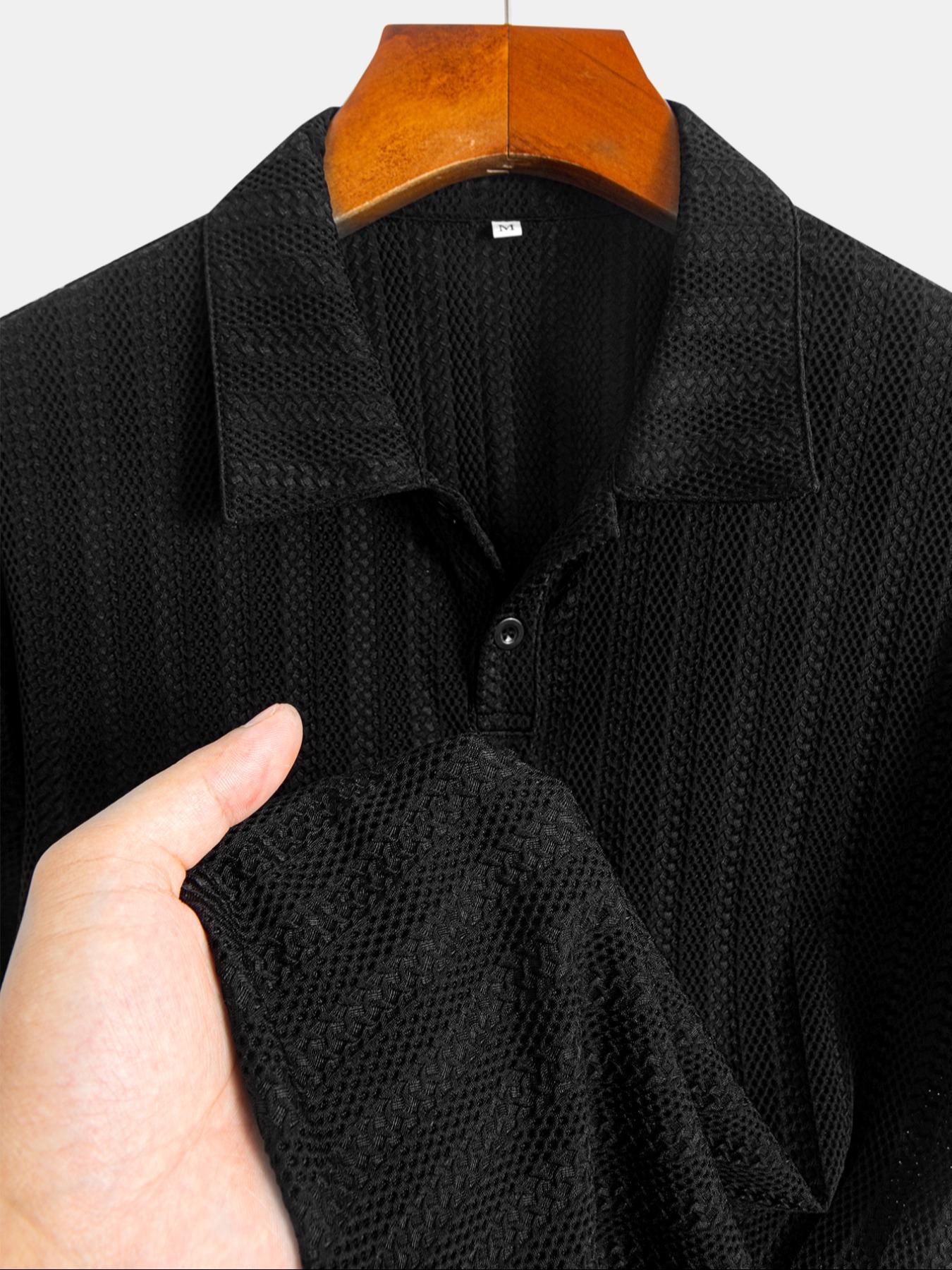 Men's Regular Fit Solid Jacquard Button Textured Polo Shirt, Casual Short Sleeve Polo Top for Summer, Fashion Men's Clothes for Daily Wear