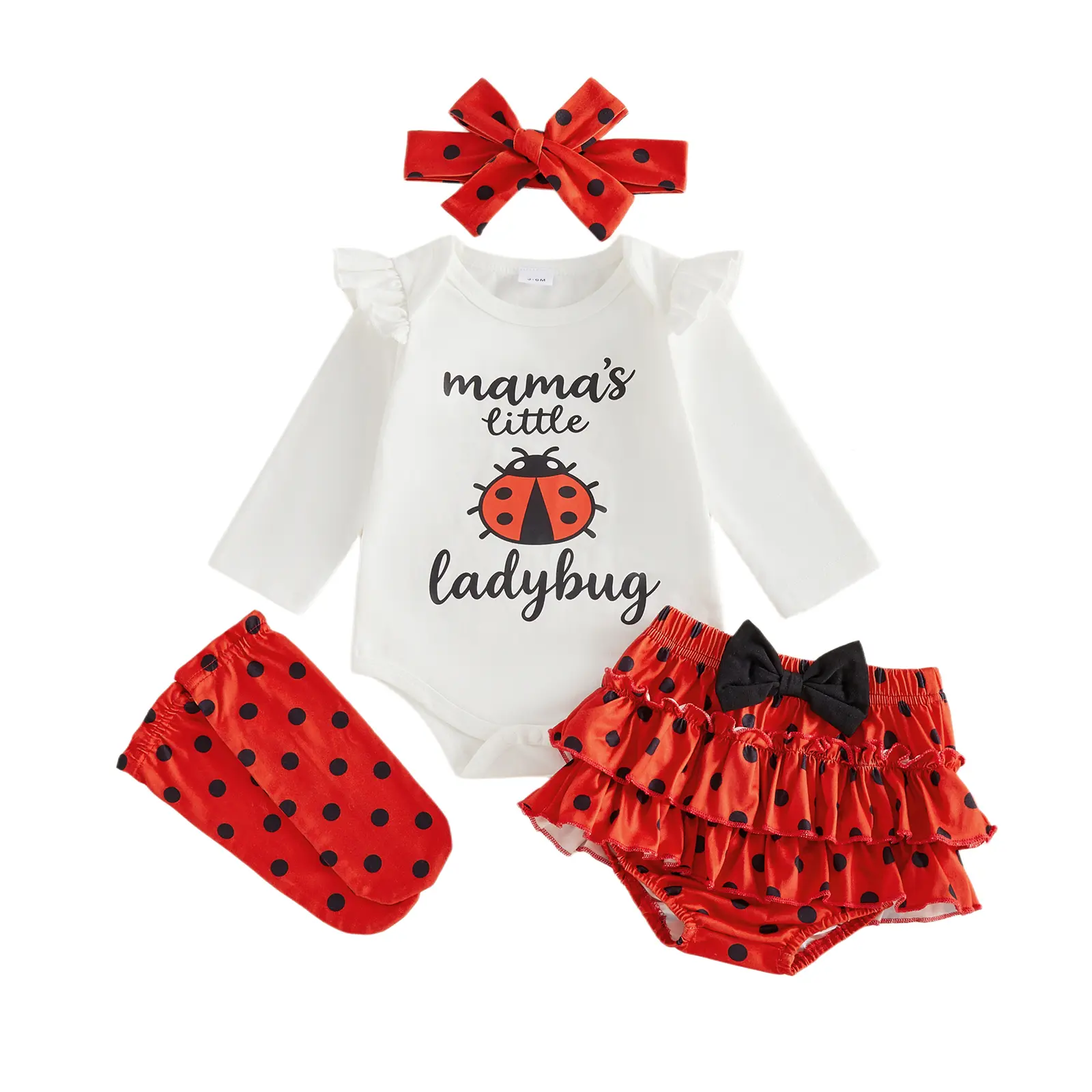 Infant Baby Girl Ladybug Outfit Letter Print Long Sleeve Romper Dot Print Ruffled Shorts Stockings and Headband Set 0-18 Months
