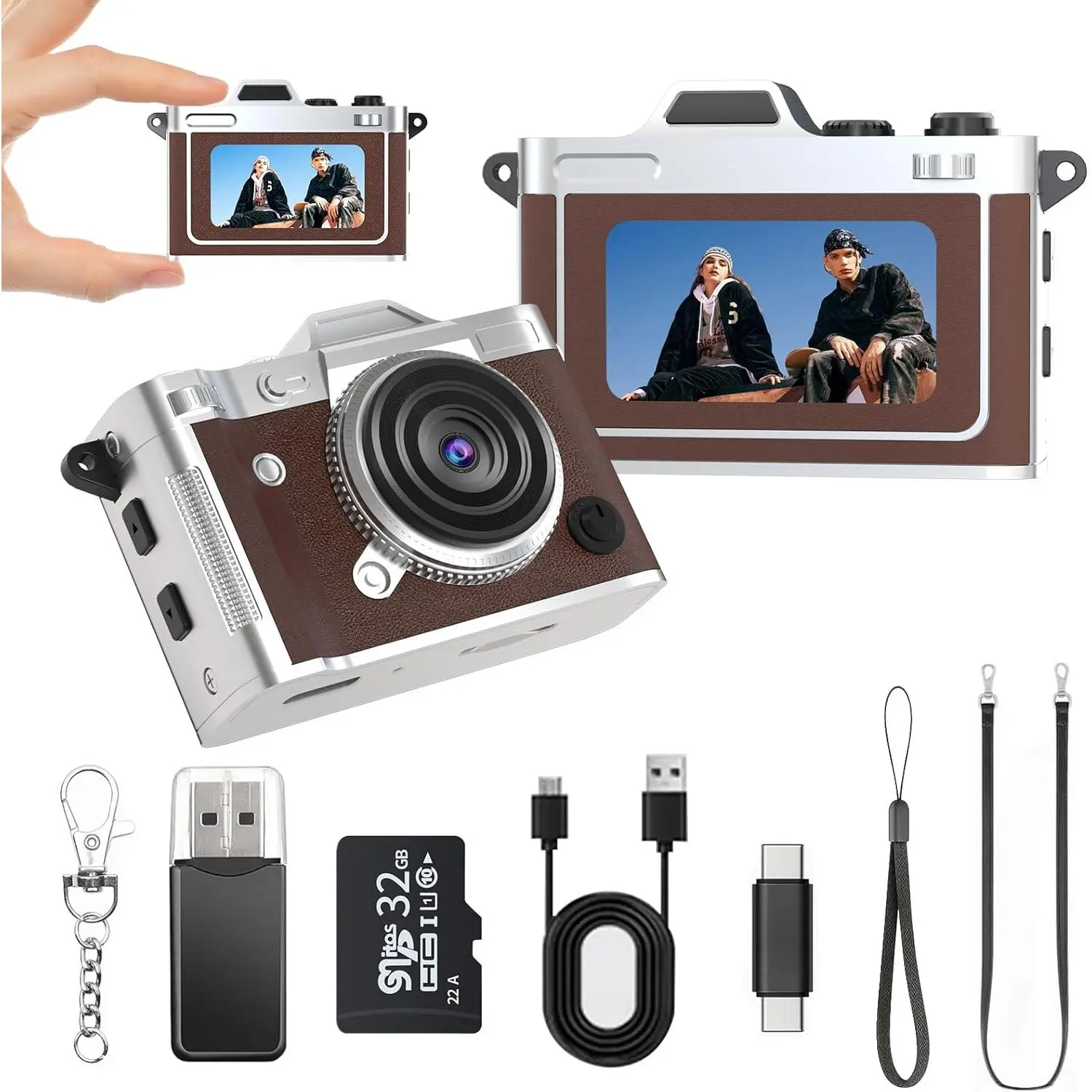 Camera -  FHD  Retro Digital Camera with 32GB Card, 1." Screen & OTG Adapter,  Compact  Pocket Birthday  for ,Travel,Beginners,Party (Brown)
