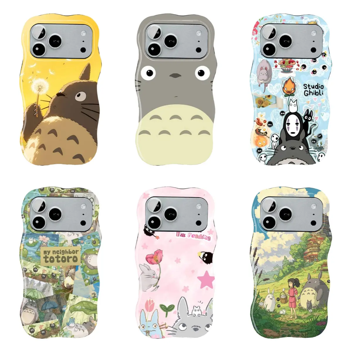 Cute Ghibli Totoro wave pattern hard case phone case, featuring forest scenery, flowers, and smoky elf cartoon designs. Scratch-resistant and durable, suitable for iPhone 11–17 Pro Max/Plus series and Samsung Galaxy S23–S25 series.