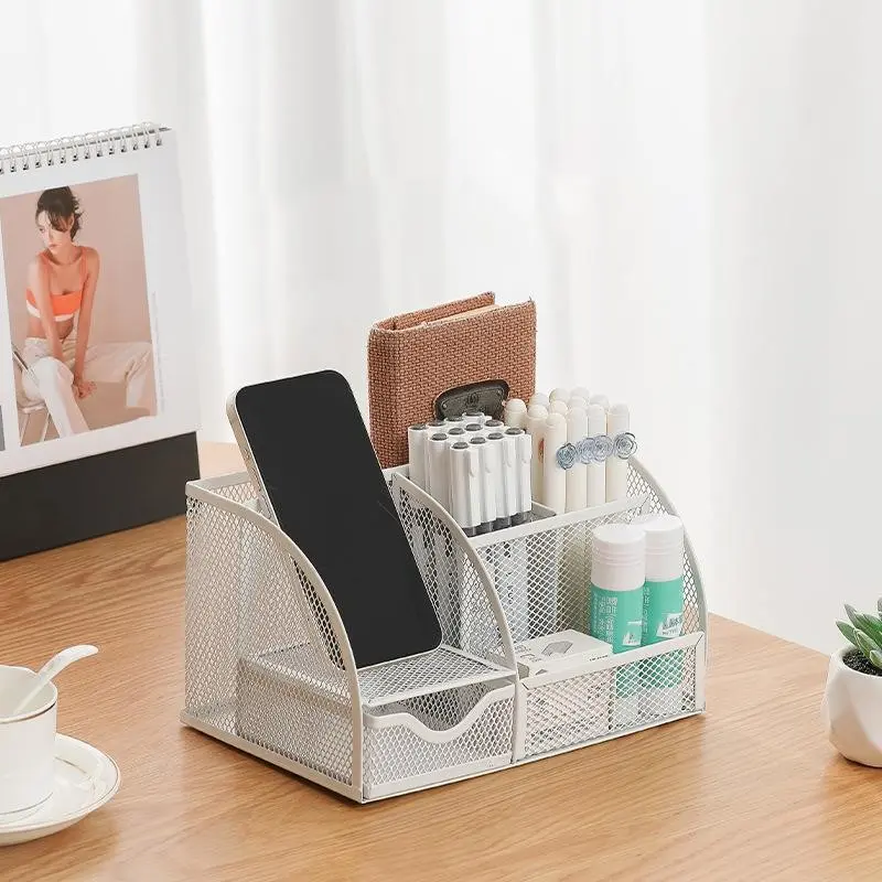 Heavy-Duty Metal Mesh Storage Box with Drawers, 6 Compartments, Modern Office Organizer, Space-Saving Design for Home, School, Workshop, Kitchen