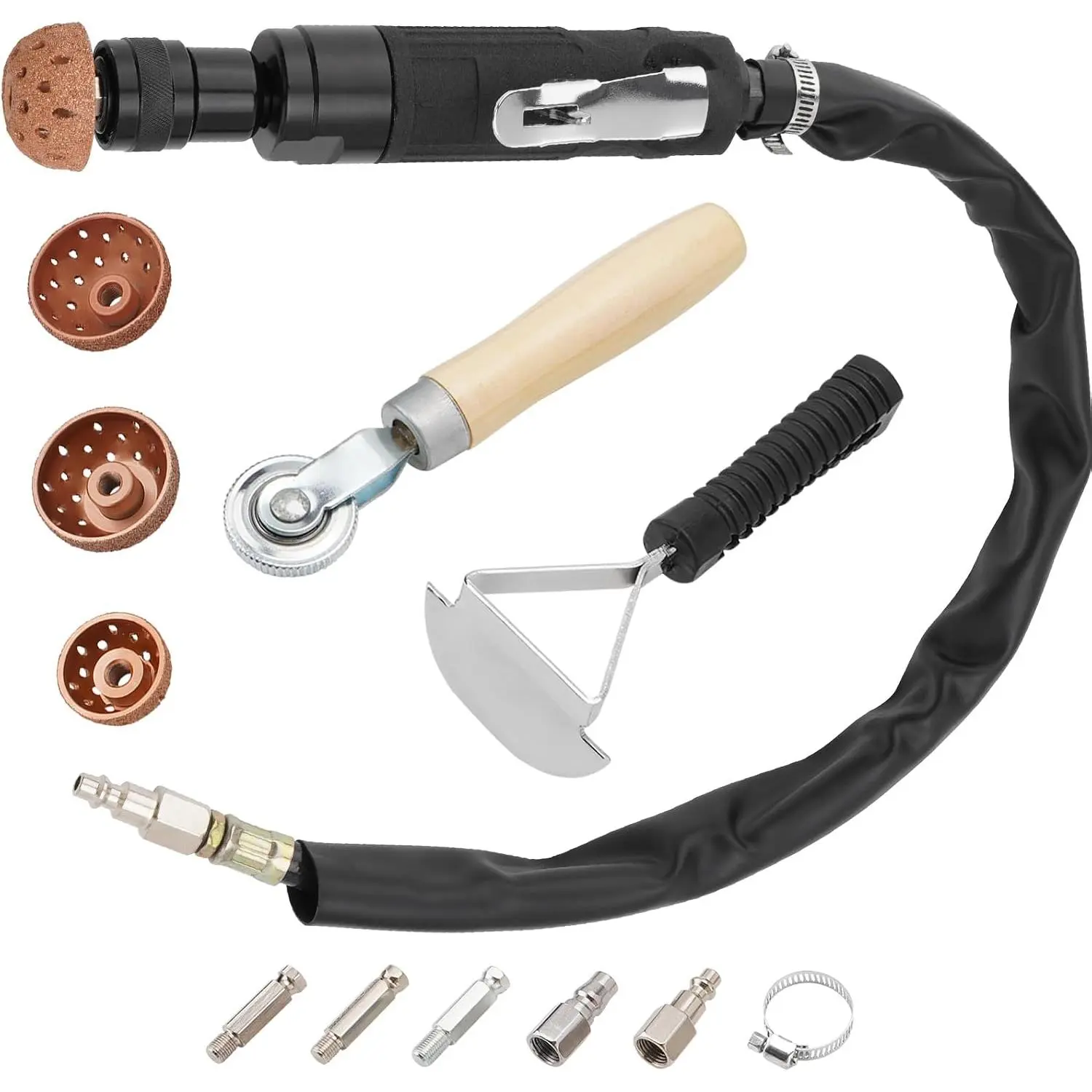 Air tire repair and polishing tool, including a 2500 RPM low-speed air tire buffer, tire lining scraper, repair roller, and tungsten steel polishing wheel