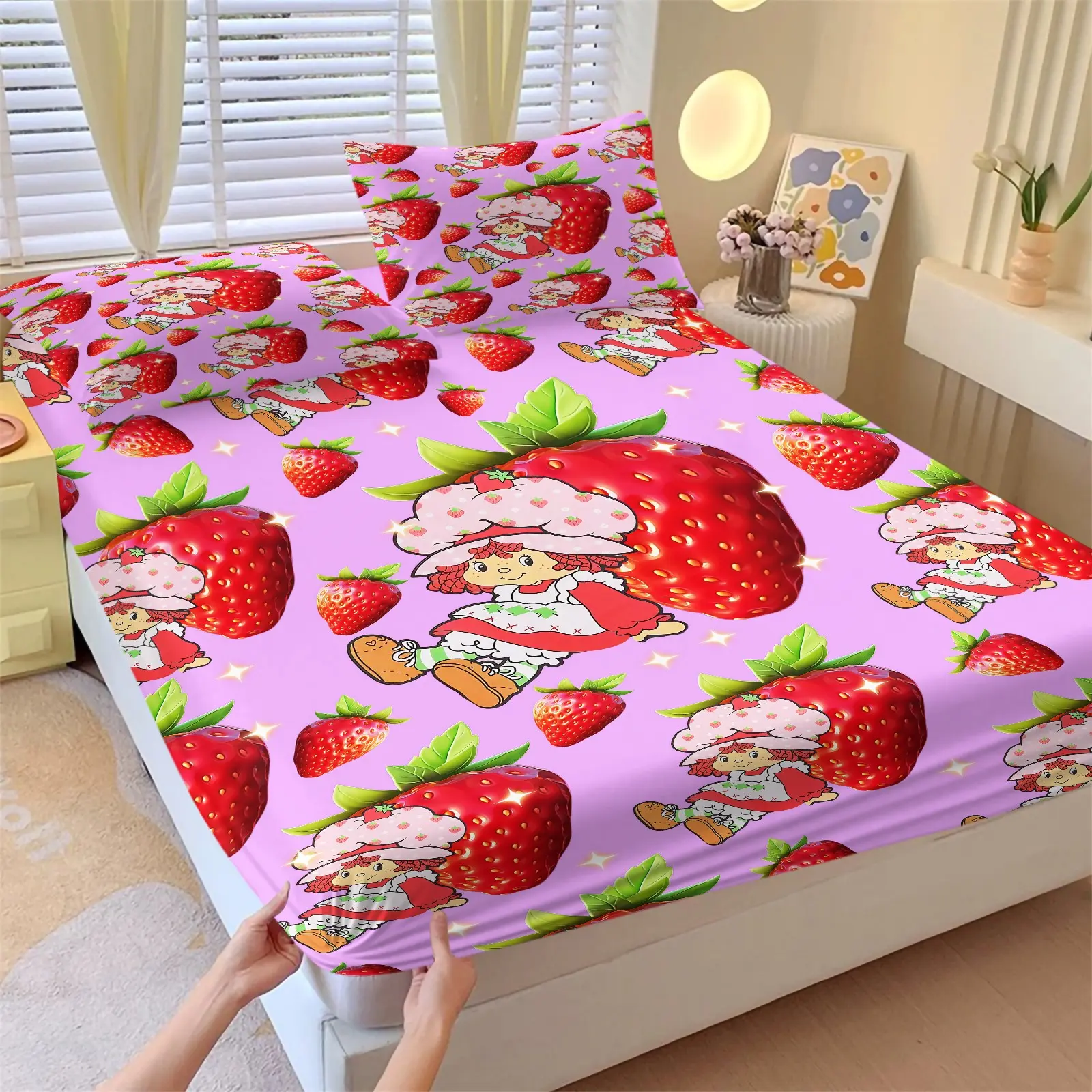Strawberry Shortcake Fitted Sheet Set (1 Fitted Sheet + 2 Pillowcases), Purple Polka Dots Large Strawberry Character Pattern, Deep Pocket, 360° Elastic, Soft, Breathable Sheets, Non-Slip Machine Washable Bed Linens, Printed Bedding Set