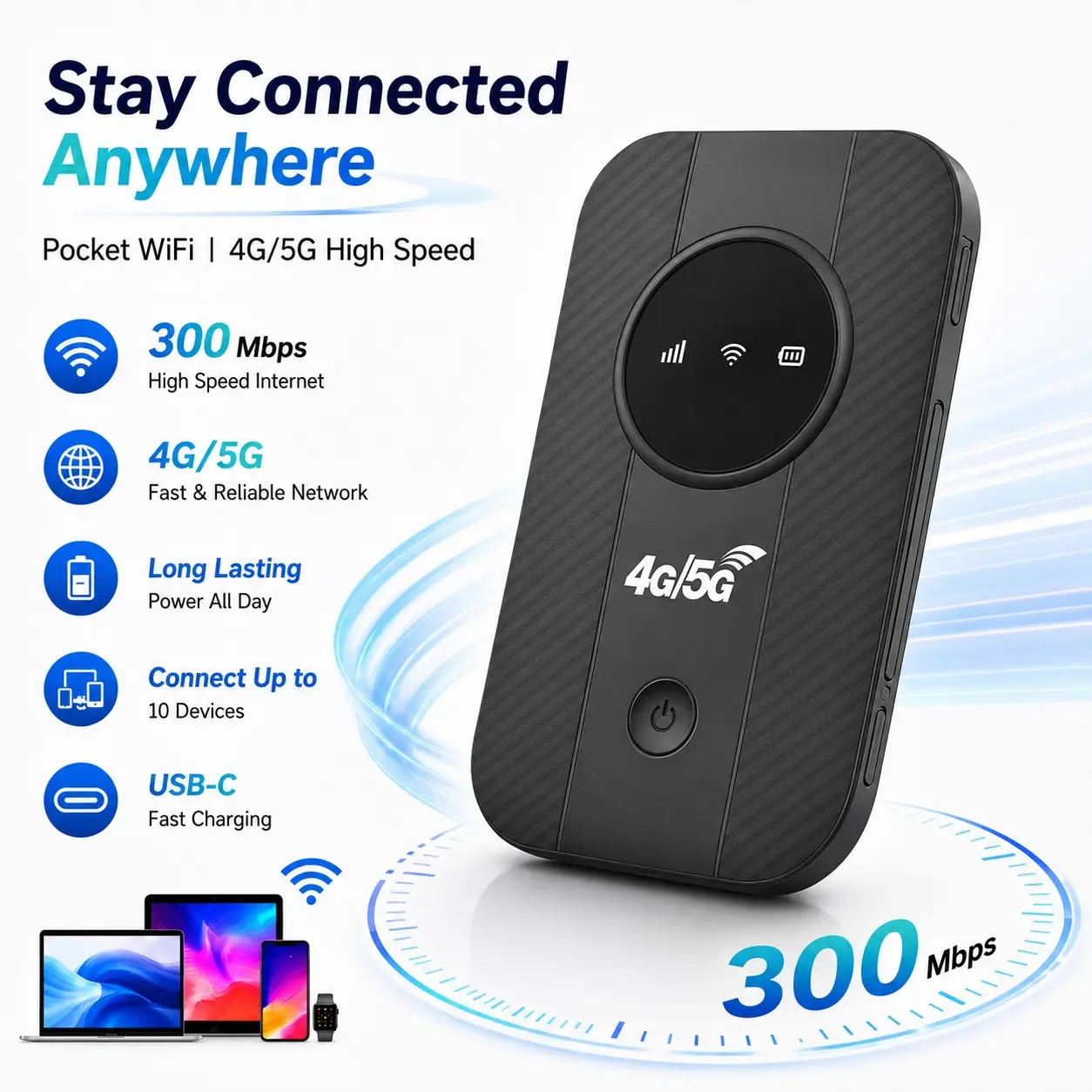 2026 5G Portable Pocket WiFi Hotspot, 4G LTE Mobile Router, Worldwide Coverage, Supports 10 Users, 300Mbps High Speed, 3650mAh Long-Lasting Battery, White