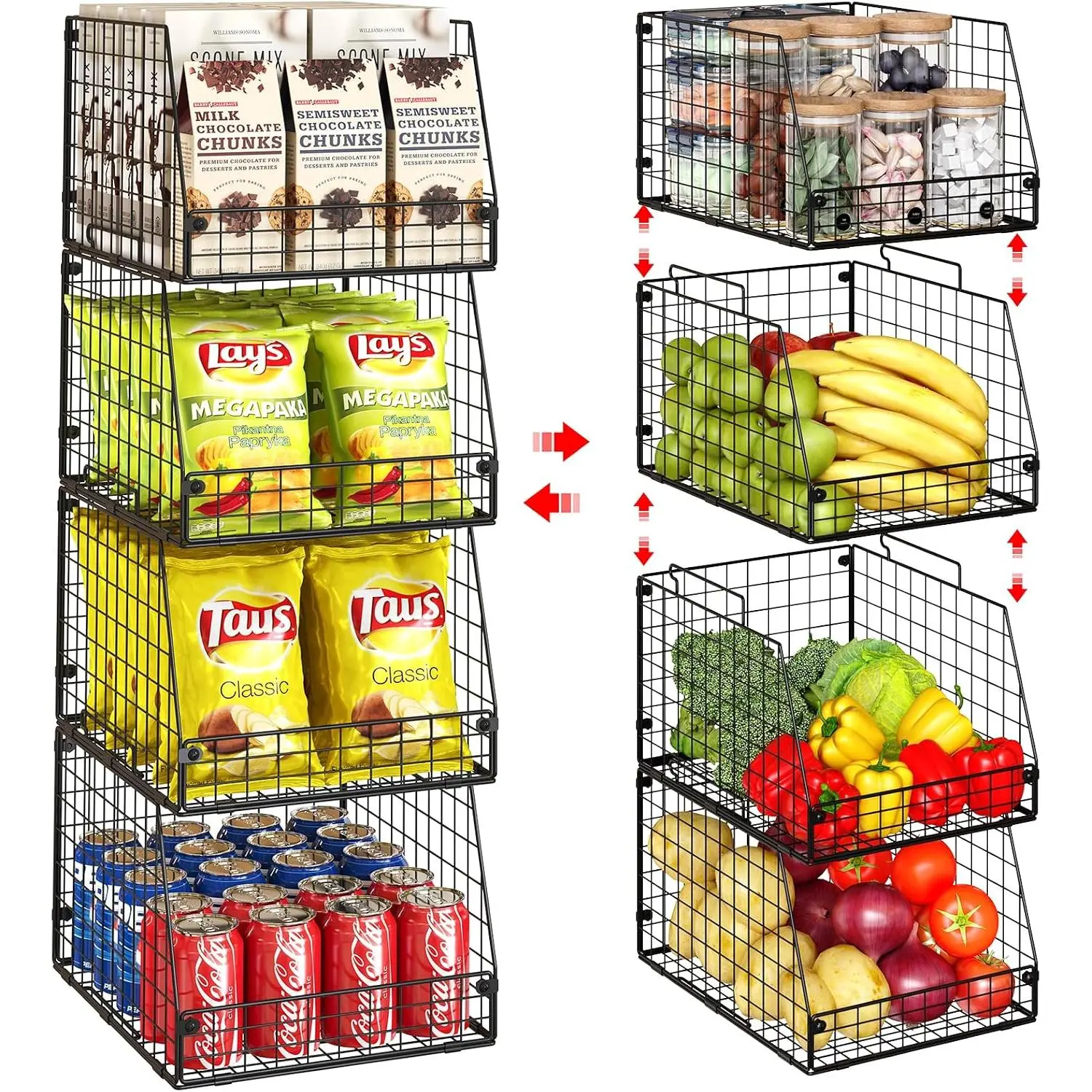 4-Pack XXL Stackable Metal Wire Storage Basket Set, Extra-Large Capacity Kitchen Pantry Organizer, Multi-Purpose for Laundry, Bath, Fruit & Vegetable Storage