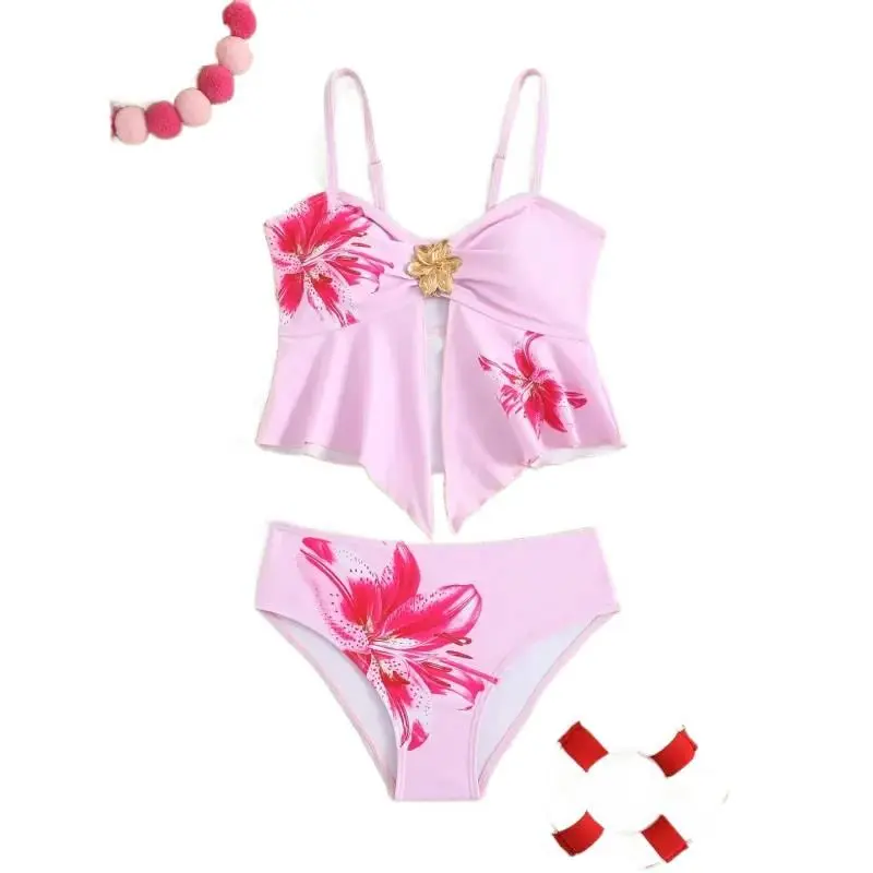 Girls Adjustable Thin Strap Tankini Swimsuit 2 Piece Floral Print Medium Large Size Kids Beachwear for Summer Vacation