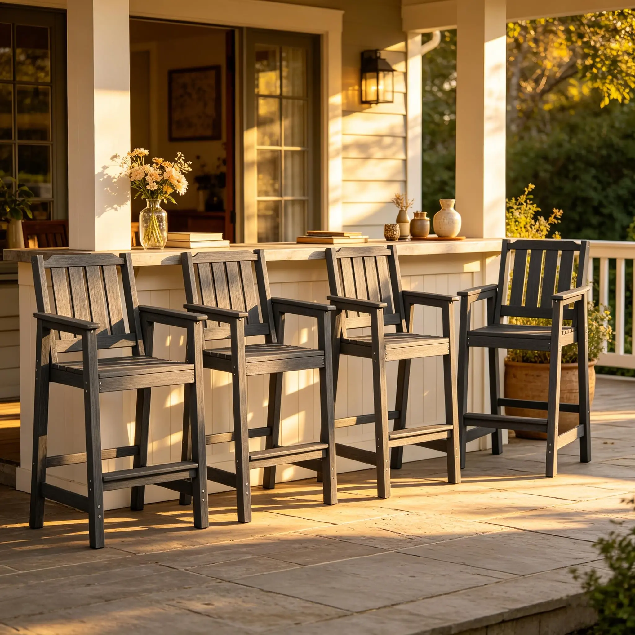 Set of 4 HDPE Outdoor Bar Stools – 27.7" Counter Height Chairs with Armrests & Back for Patio, Deck, Garden