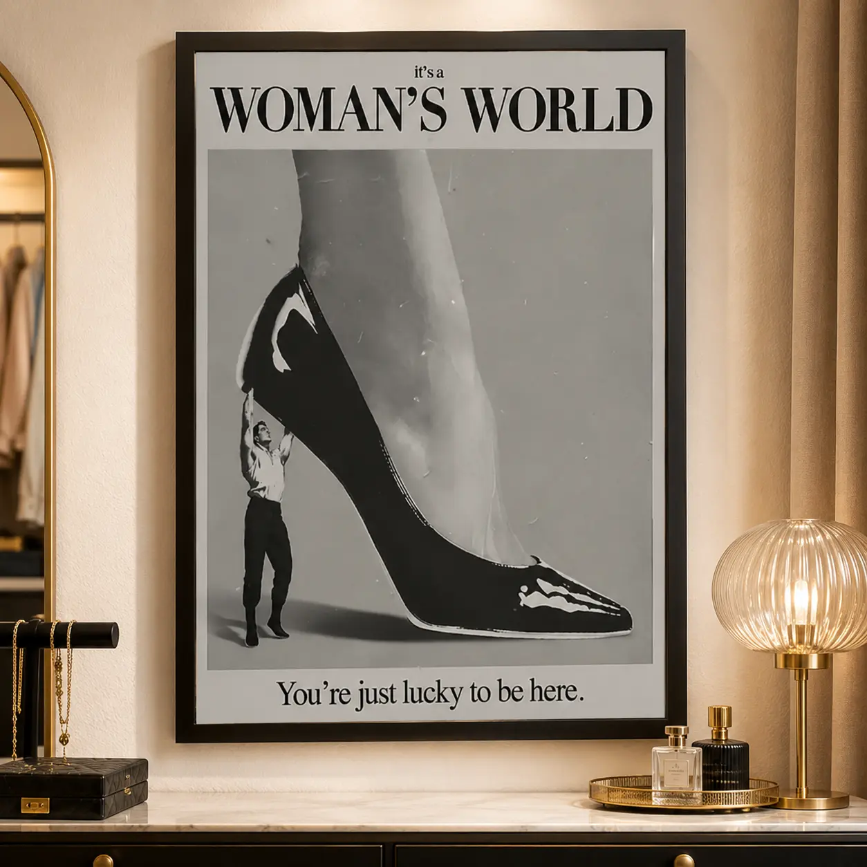 It’s a Woman’s World Framed Canvas Wall Art Poster,Vintage Black and White High Heel Fashion Poster for Bedroom, Dressing Room, Salon or Apartment Decor