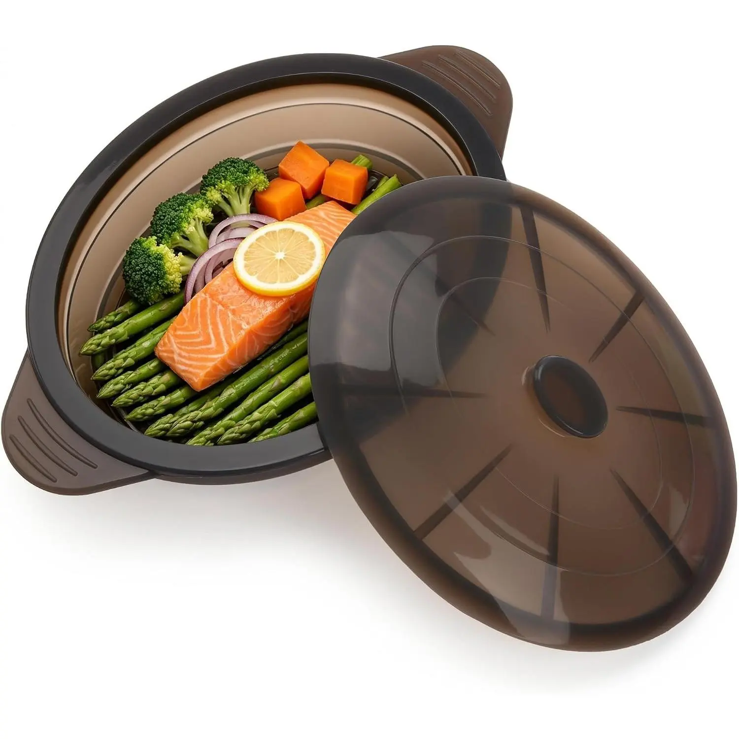 Microwave Steamer Cooker Collapsible Bowl Silicone Baked Potato Cookware with Handle Lid for Vegetables Fish Prep Meal Food with Removable Rack BPA Free Easy to Store Freezer Dishwasher Safe Black
