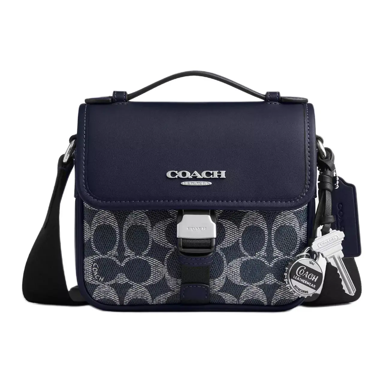 COACH RACER 17 Striped Contrast Coated Canvas and Calfskin Crossbody Bag for Men, Silver