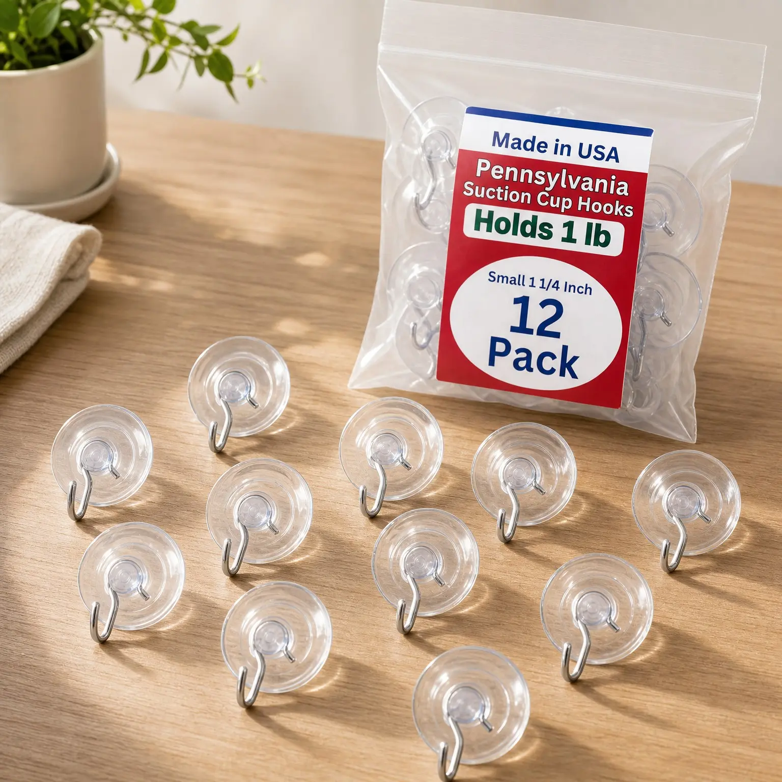 12 Pack Heavy Duty Small 1 1/4 Inch Suction Cup Hooks for Glass Windows, Signs, Holiday Ornaments & Suncatchers, Holds 1 Pound, Made in PennsylvaniaGift