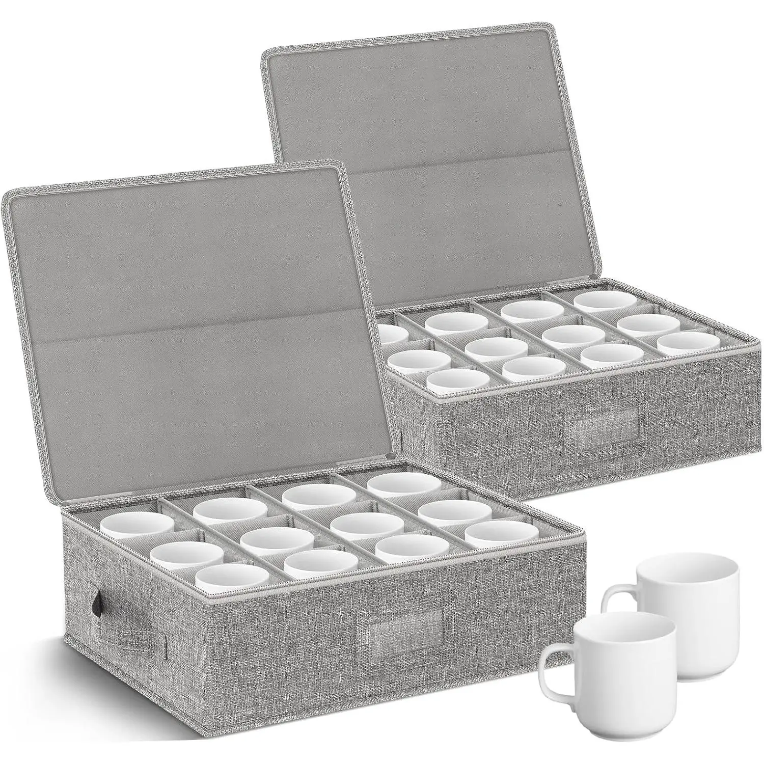 Coffee Mug Storage Box 2 Pack with Dividers,  Storage Containers Organizer for Moving, Hard Shell & Stackable for 24 Coffee  Cups 5.5" Tall with Sturdy Lid & Handles, Grey