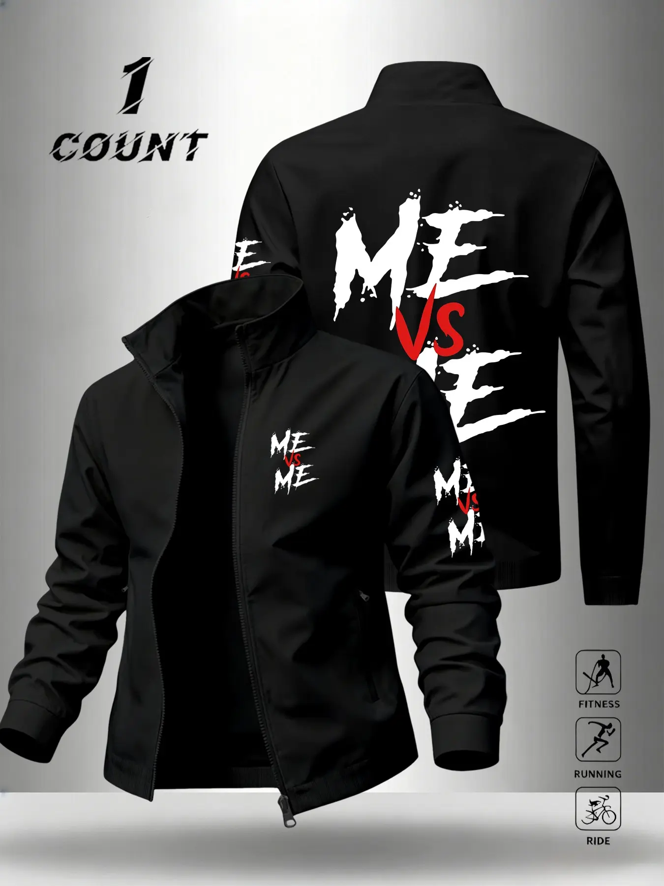 Men's Stand Collar Zipper Jacket, Fashion, American Street Style, Me Vs Me Brushstroke Letter Print, Smooth Wrinkle-Resistant Fabric, Casual Outerwear