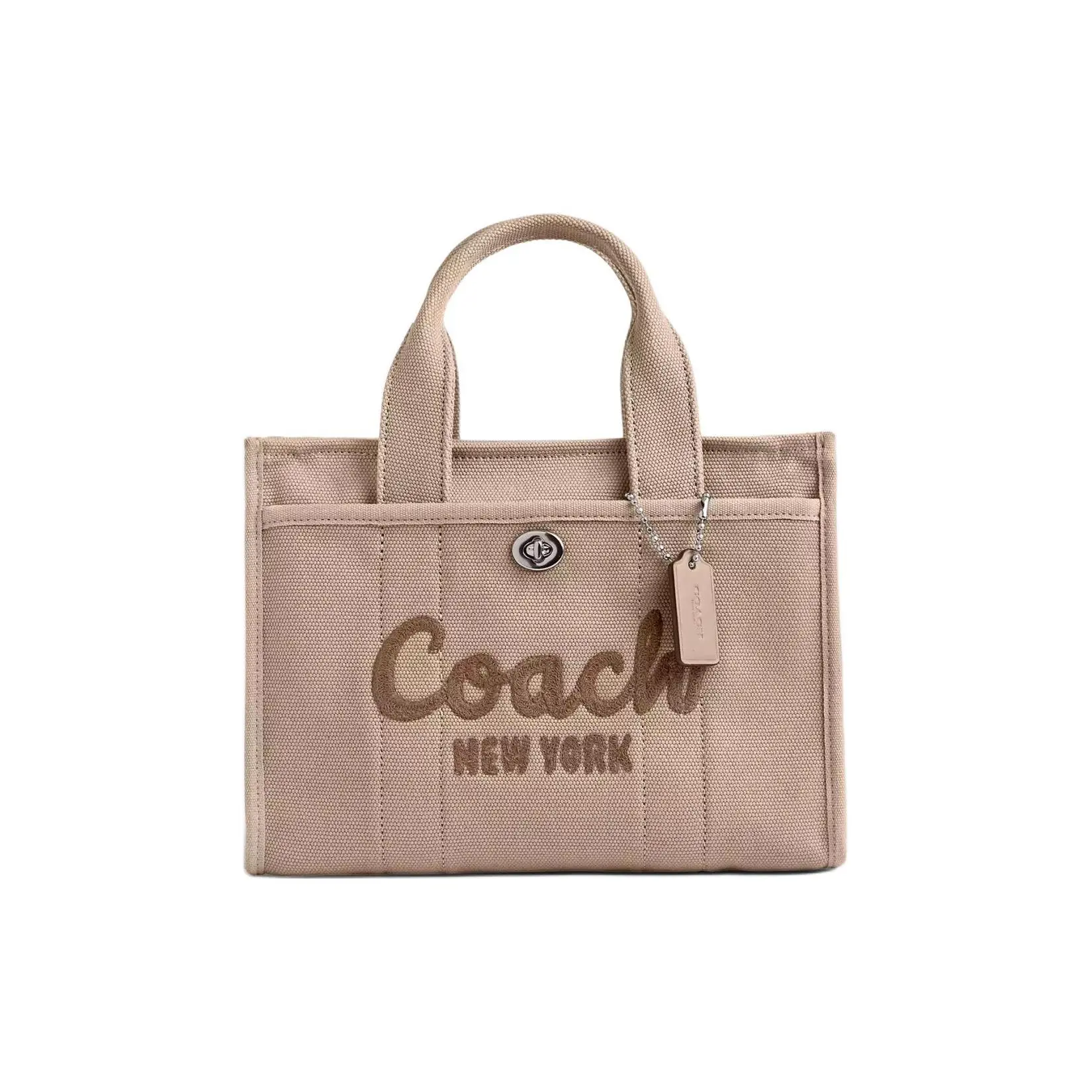 Coach Cargo 26 Embroidered Logo Zip Top Tote Bag for Women, Canvas-Satin-Leather Blend, Natural