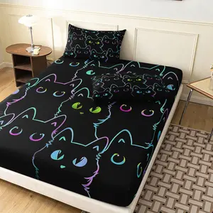 3 Pieces Black Outline Black Cat Fitted Sheet Set, Cute Kitten Pet Animal Print Bedding, Soft Microfiber Gothic  Bedding Decor for Teens Adults (1 Duvet Cover + 2 Pillowcases, No Comforter No Pillow)