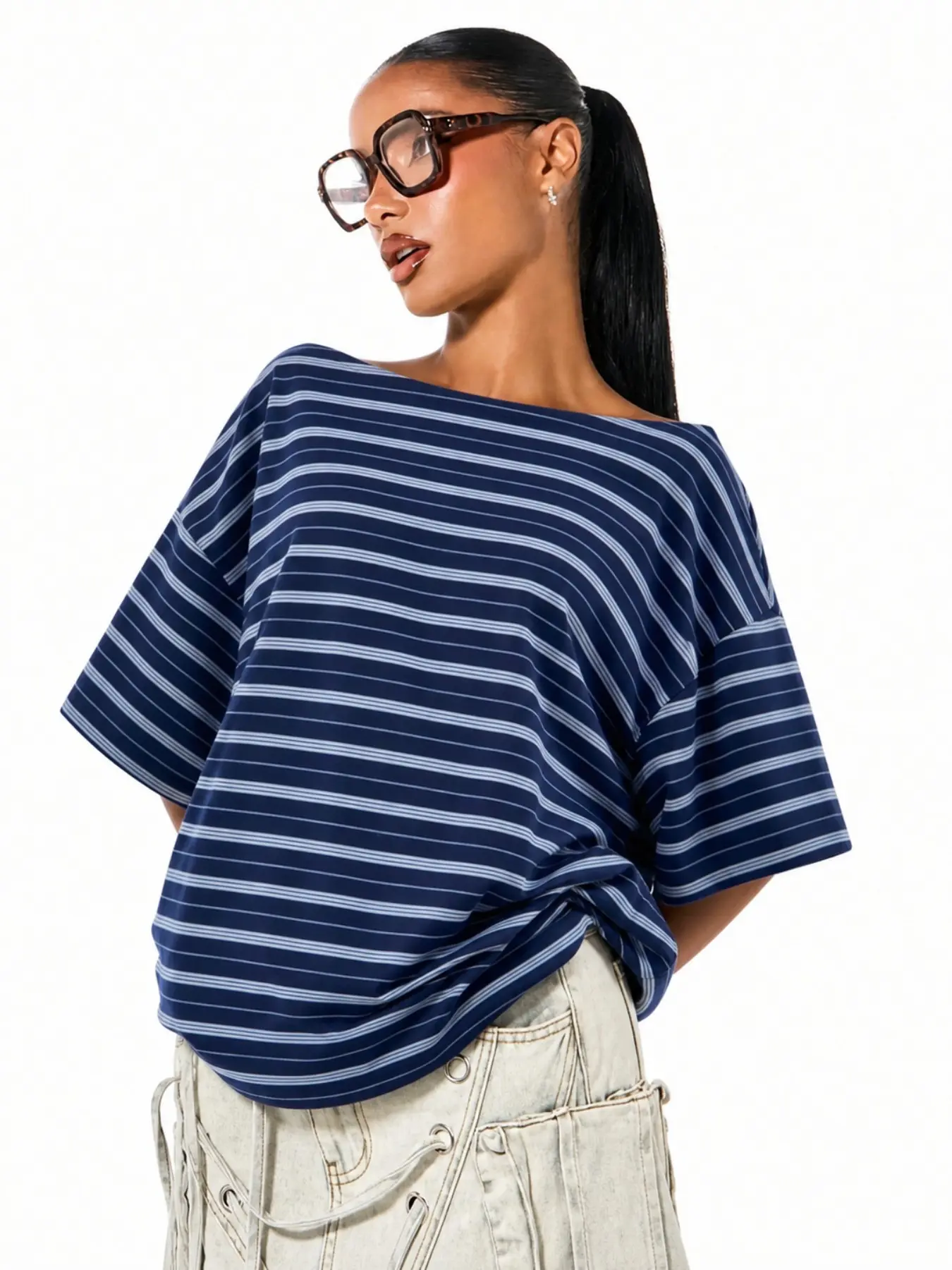 Women's Navy Light Blue Stripe Off The Shoulder Loose Short Sleeve T-Shirt, Oversized Boat Neck Casual Streetwear Blouse