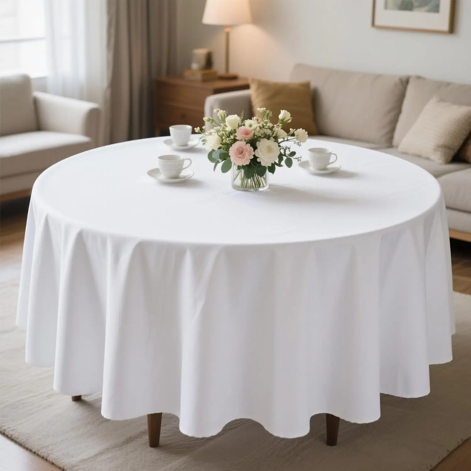 Round Tablecloth 90 Inch Washable Resistant Wrinkle Polyester Table Cloth White Fabric Table Cover for Buffets Parties Picnics