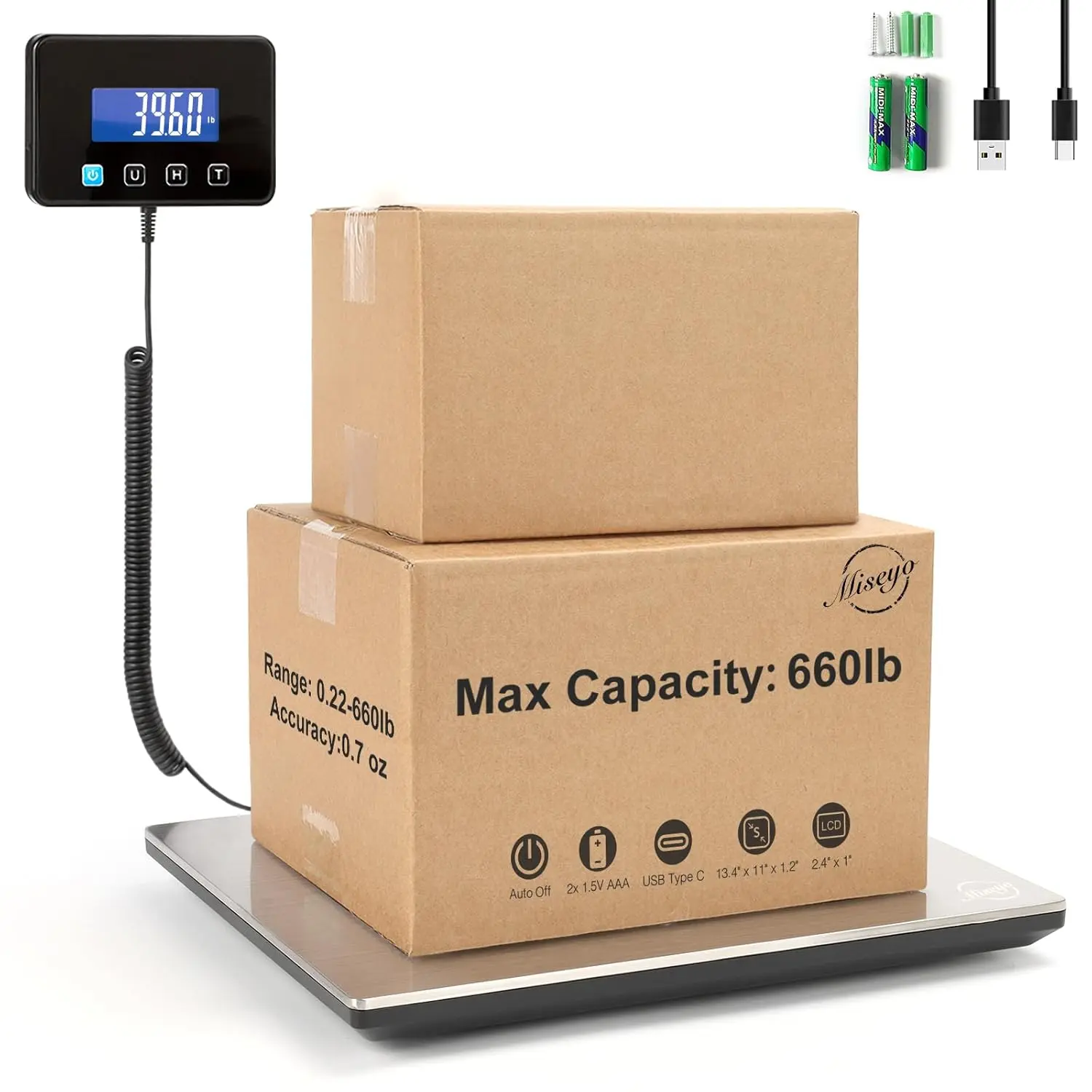 660lbs High-Accuracy Stainless Steel Digital Shipping Postal Scale for Packages/Luggage, Small Business Use, Battery & Charging Cable Included