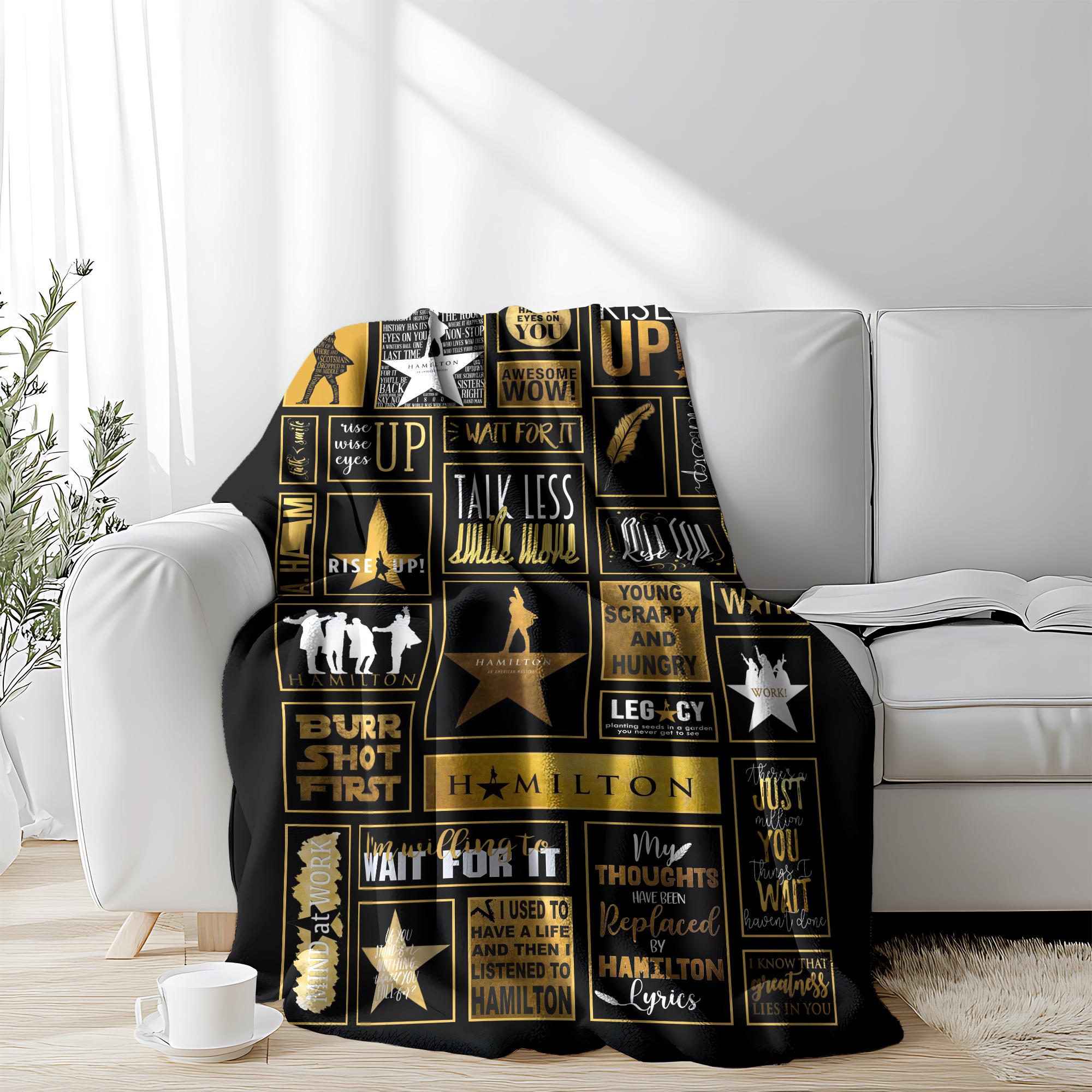 Hamilton Musical flannel blanket, ideal for bedrooms, sofas, and offices, featuring a logo patchwork pattern, suitable for all seasons.