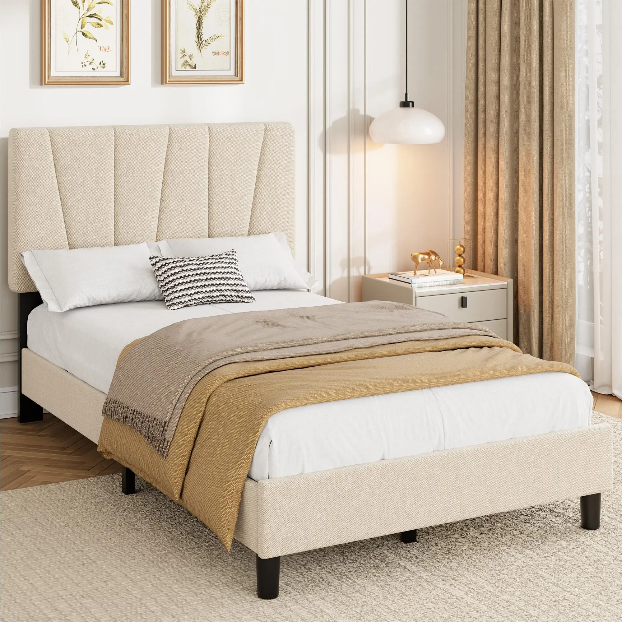 Modern Adjustable Headboard – Upholstered Platform Bed Frame – Full/Queen/King Sizes – Strong Wooden Slats – Noise-Free – No Box Spring Needed – Easy Assembly