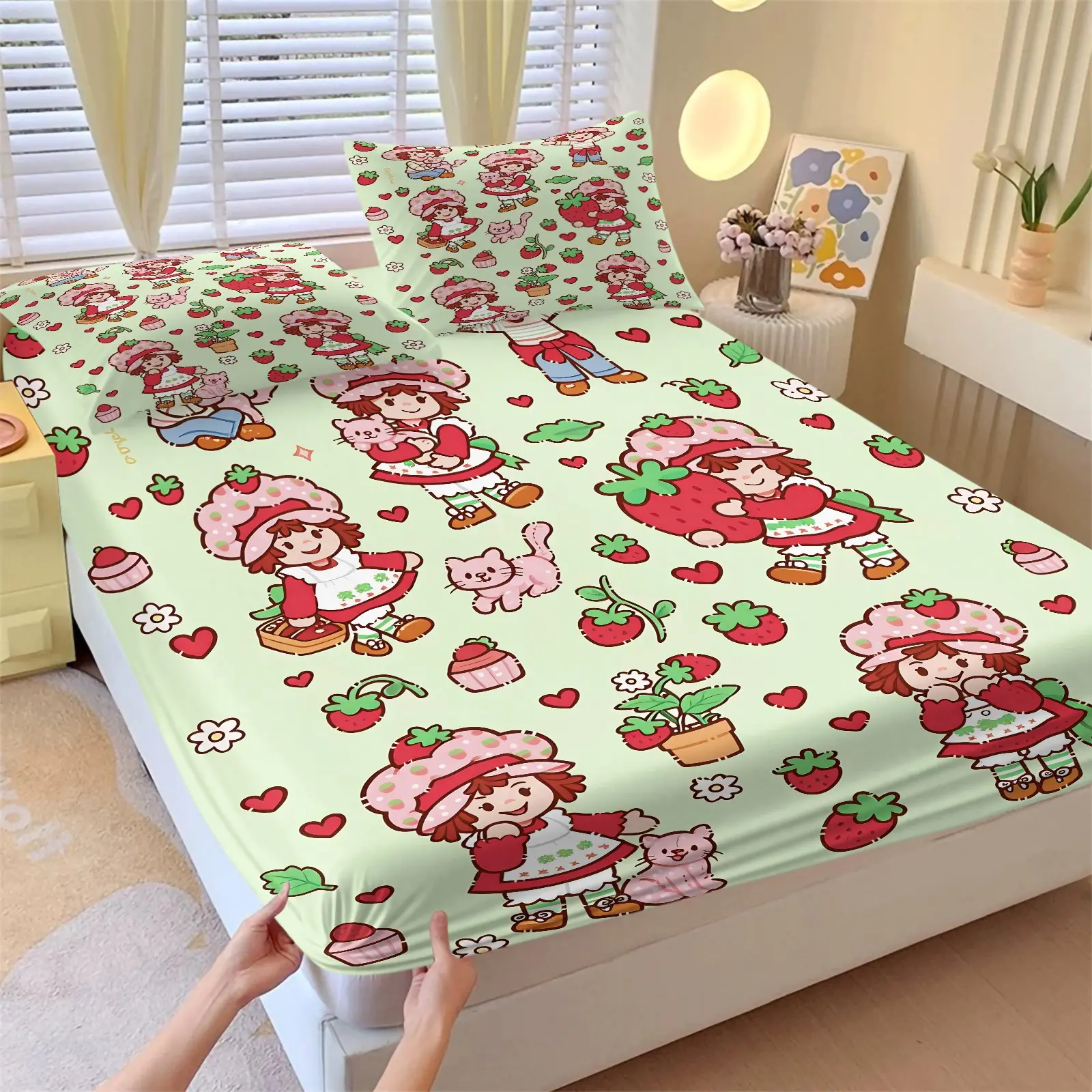 Strawberry Girl Light Green Fitted Sheet Set & 2 Pillowcases-Strawberry Girl/Kitten/Strawberry/Flower Elements Full Print-Soft Breathable Non-Slip-Kids Room/Girls Bedroom Decor-Retro Cartoon Gift for Fan