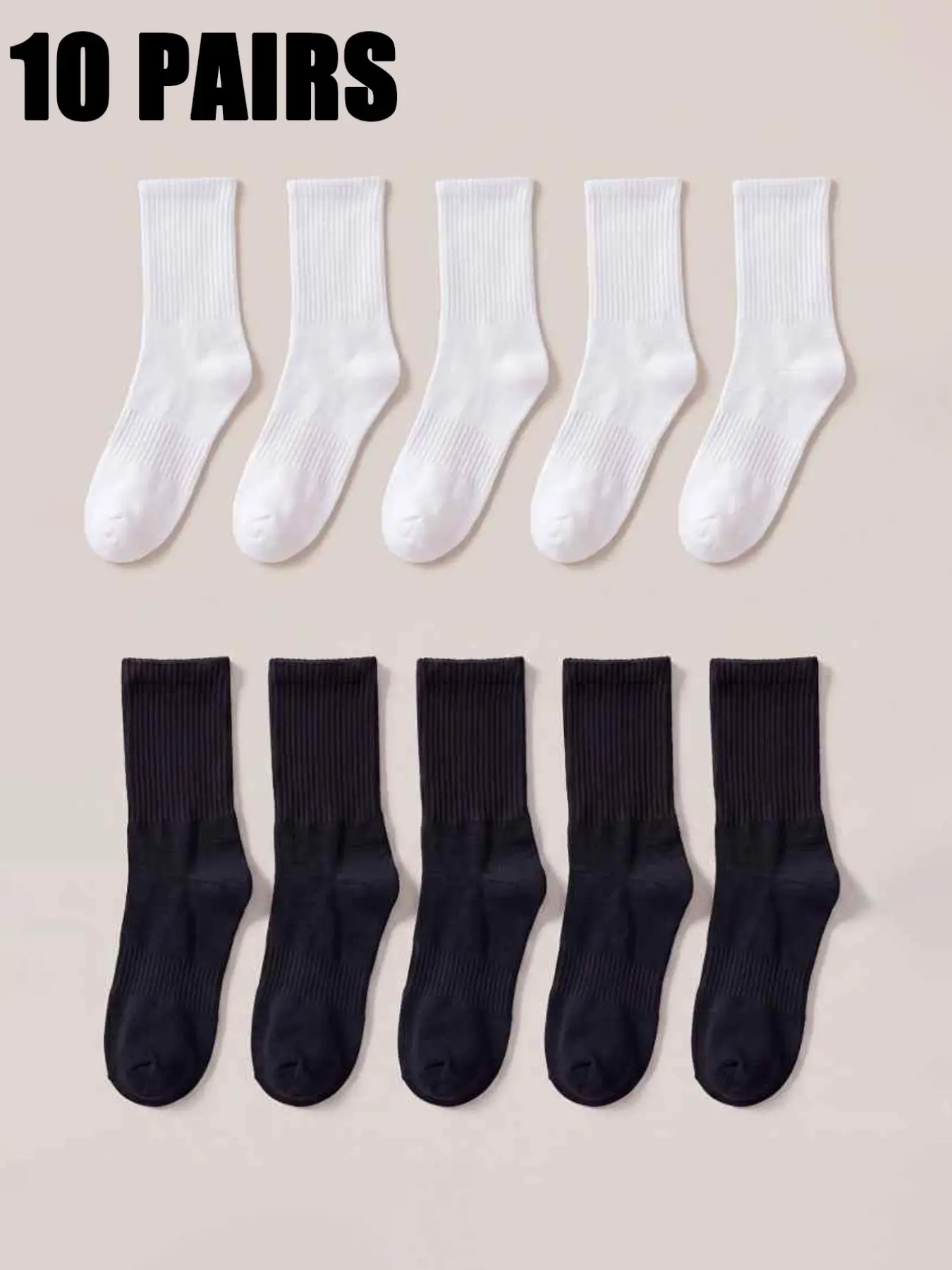 10 Pairs Black White Solid Crew Socks, Sporty Stretch Breathable Socks, Unisex Versatile Socks for Gym Running