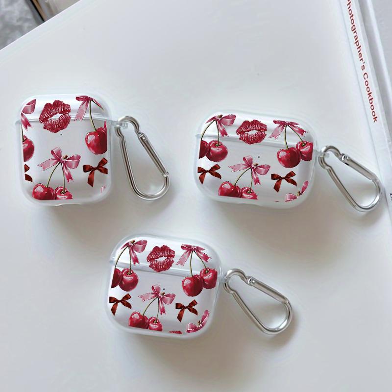 Cherry Kisses Pattern Protective Case for AirPods 4/3/2/1/Pro/Pro2 Soft TPU Earphone Cover, Transparent with Keychain