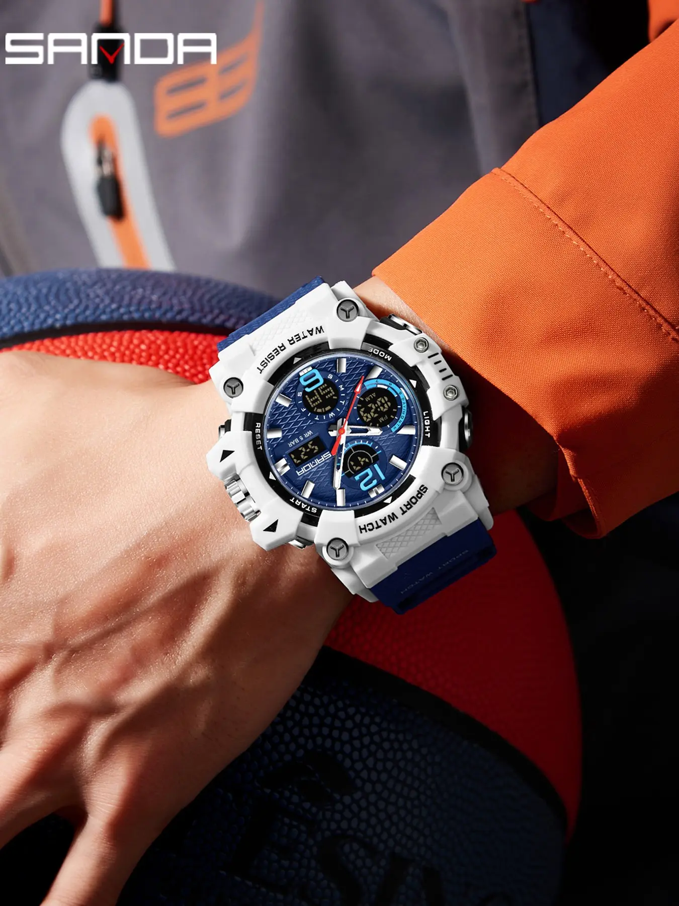 1Set SANDA 6276 Men's Dual‑Display Sports Electronic Watch 5ATM Waterproof Luminous Shockproof Tactical Watch Youth Multifunctional Alarm Clock Stopwatch Outdoor Student Watch Multicolor Optional Gift Woven Hand Rope+Box