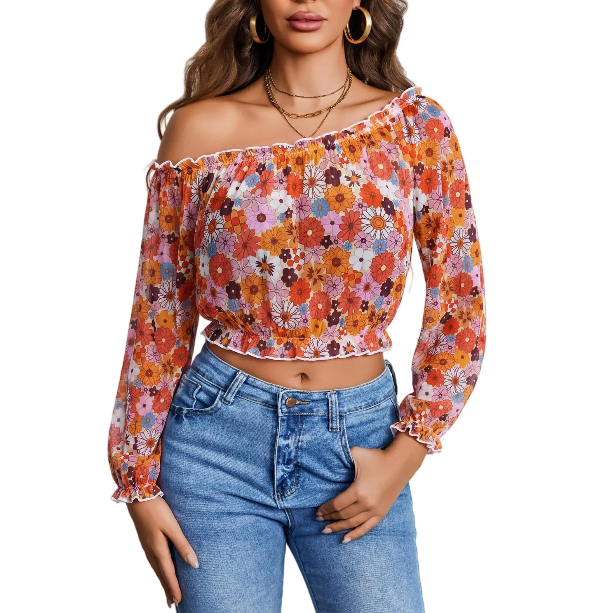 Avidlove Women's Long Sleeve Off the Shoulder Top Ruffle Sheer Mesh Blouse Crop Night Out Sexy Brunch Top