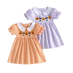 Toddler Baby Little Girl Halloween Dress Puff Short Sleeve Doll Collar Pumpkin Bat Embroidery A Line Striped Dress 6M-4T
