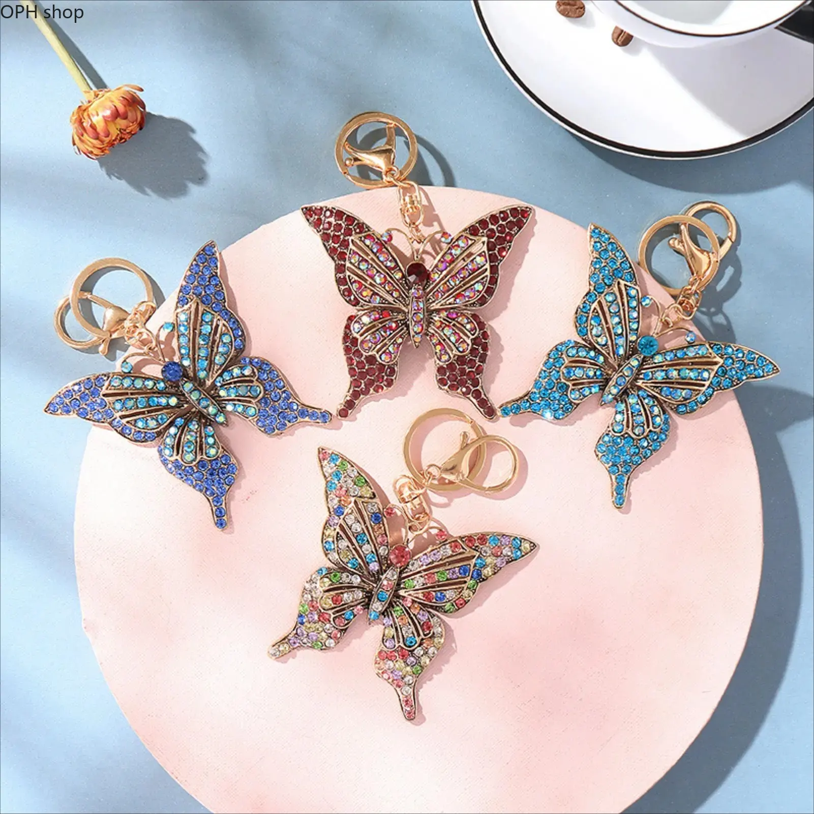 Colorful Butterfly Rhinestone Keychain - Hollow Metal Charm Bag Pendant, European American Style Fashion Costume Jewelry Holiday Gift