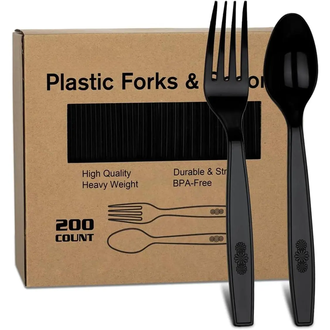 200 Count Black Plastic Silverware, Heavy Weight Plastic Forks Spoons, Disposable Utensils Cutlery Set for Wedding Party Supplies Everyday Use