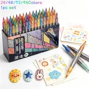 24/48/72/96 Color Dual Tip Glitter Markers, Metal Glitter Fine Point Watercolor Pens, Glitter Metallic Marker, Dual End Marker, Ideal for Crafts, Greeting Cards, Birthday Cards, Mugs, Wood Decorations, Sketching, Professional Art Use