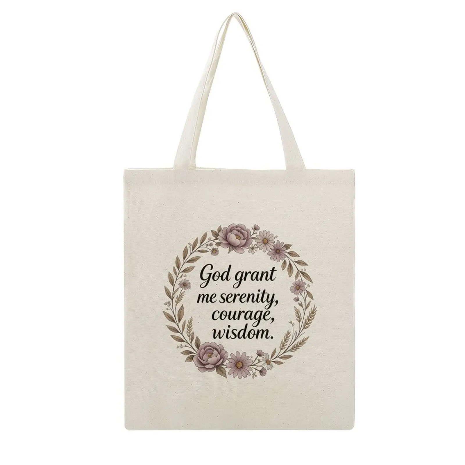 15.8x13.4in Natural Fabric Vintage Canvas Tote Bag - Open Top, Serenity Prayer Inspirational Text Religious Floral Wreath Print Shoulder Bag for Daily Use, Reusable Grocery Handbag