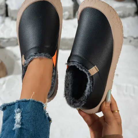 Women’s Waterproof Fleece-Lined Slip-On Walking Shoes with Thick Anti-Slip Sole, Casual Round-Toe PU Leather Upper, Low-Top Design and Wide Fit Footwear
