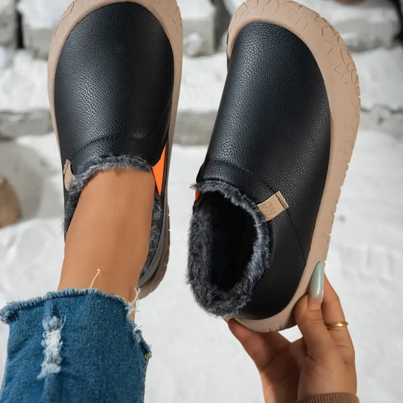 Women’s Waterproof Fleece-Lined Slip-On Walking Shoes with Thick Anti-Slip Sole, Casual Round-Toe PU Leather Upper, Low-Top Design and Wide Fit Footwear