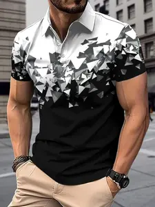 Gradient Broken Geometric Print Polo Shirt, Block Collar, Men's Short Sleeve, Casual Fitted Long Top