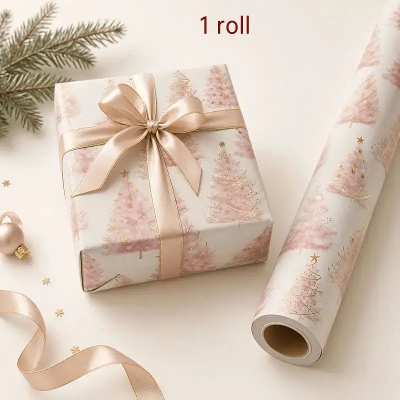 Dreamy Christmas Tree Gold Star Gift Wrap Paper Roll, Thick Watercolor Style, Ideal for Holidays, DIY Craft Packaging