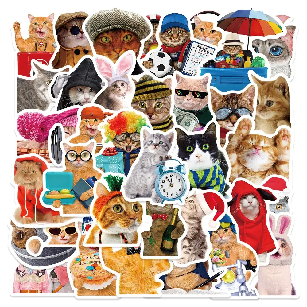 50 Cute Cat Stickers, Irregular Shape Vinyl Decals, Multi-Color DIY Stickers for Water Bottles, Skateboards, Luggage Decor