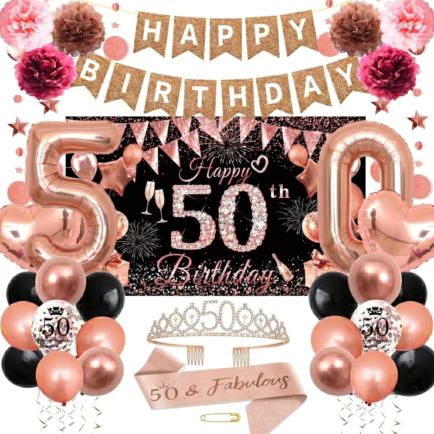 Women's 50th Birthday Party Supplies Kit (33pcs, Black Rose Gold) - Includes Crown & Sash, Happy 50th Banner, Balloons, Backdrop, Paper Fans, Hanging Swirls for 50-Year-Old Celebrations