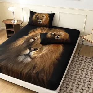 3 Pieces Wild Lion Head Print Fitted Sheet Set, Vintage Wildlife Animal Portrait Print Bedding, Soft Microfiber Wild Aesthetic Bedding Decor (1 Fitted Sheet + 2 Pillowcases, No Pillow)