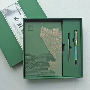 CHINSIKOL  Chinese Style Notebook and Pen Set, Gold Foil Palace Roof Design, Elegant Eastern Journal Gift Set, Leather Notebook with Metal Pen