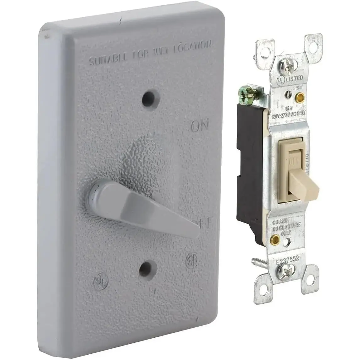 5121-0 On/Off Single Pole Toggle Switch, 1-Gang Gray Die-Cast Metal, 125V 15A Vertical Switch with Powder Coat, Weatherproof Gasket and Mounting Hardware