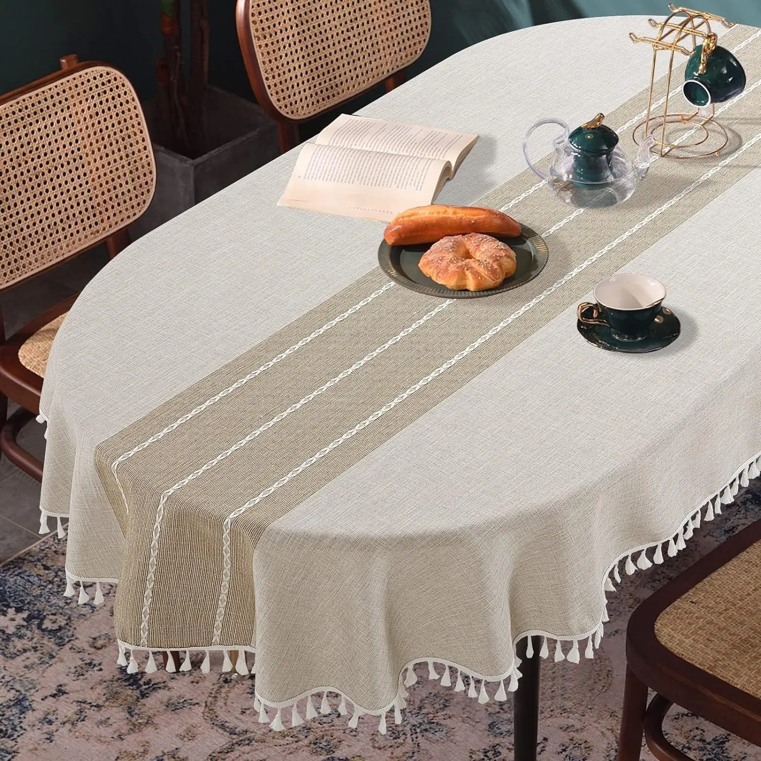 Solid Embroidery Oval Tablecloth with Tassels for Oval Table, 60 x 84 Inch Lace Dust-Proof Table Cover for Kitchen Dinning, Wrinkle Free Anti-Fading Tabletop Decoration