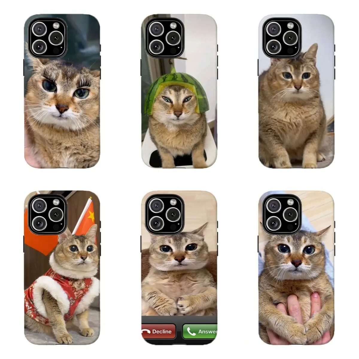 Funny Viral Meimei Cat Meme Phone Case Set, Watermelon Helmet, Incoming Call Prank, Chinese New Year Outfit Cute Kitten Shockproof Phone , For iPhone 11 12 13 14 15 16 17 Pro Max For Samsung S26 S25 S24 S23 S22-Gift For Her/Him/Anime lovers