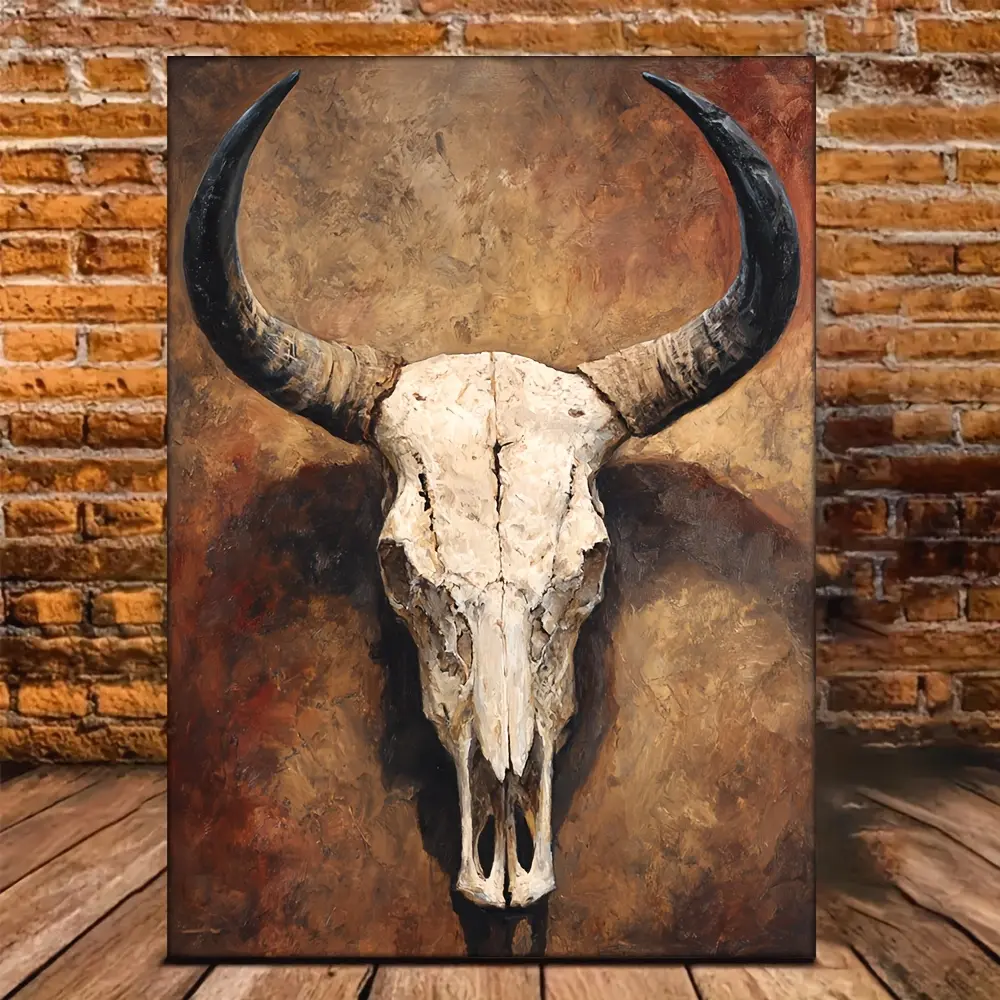 2D Flat, 1Pc Vintage Cow Skull Wall Art - Southwestern Neutral Western Style Oil Painting, Rustic Brown/Beige Cow Skull Decoration, Suitable for Ranch, Farmhouse, Southwestern Decor